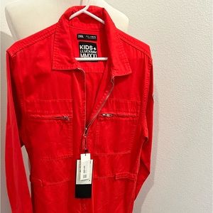 Zara red boy jumpsuit zipper front pocket size L brand new with tags